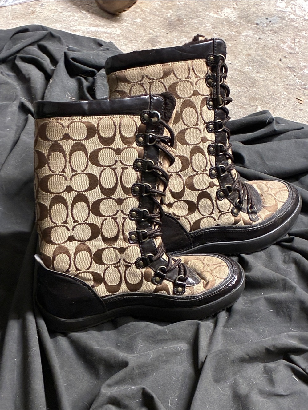 Coach Beige and Brown Signature Lace-Up Canvas Boots